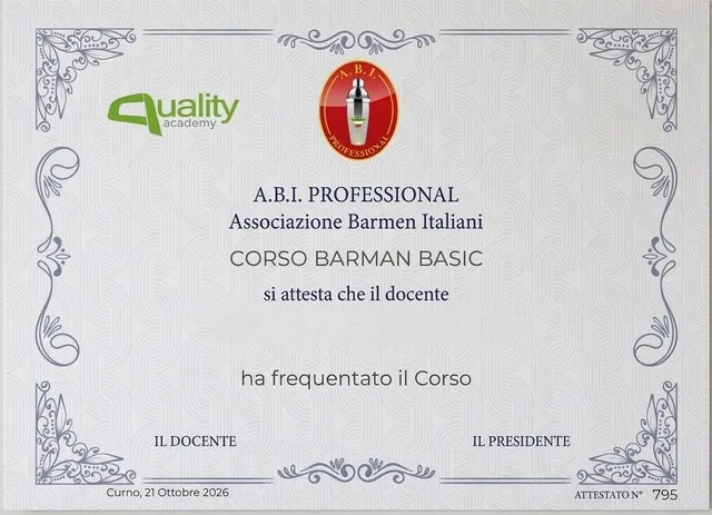 Fac-simile dell'attestato A.B.I. Professional del corso Barman Basic, con i loghi di Quality Academy e dell'Associazione Barmen Italiani